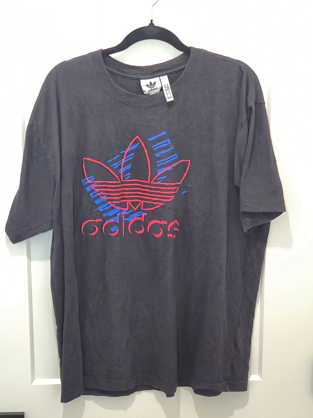 adidas Originals Black Short Sleeve Tee with Red & Blue Trefoil Graphic